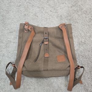 Canvas Backpack Tote with Brown Leather Trim